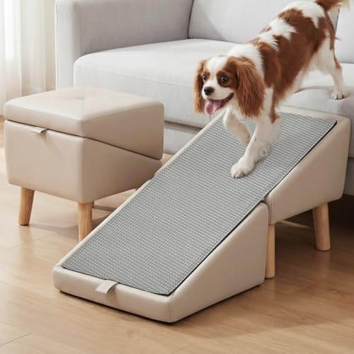 Dog Ramp for Couch, Wooden 15.5" H Dog Stairs for Small/Medium-Sized Dogs and Cats, Washable Non-Slip Silicone Surface pet Ramp,Foldable 2-in-1 Split Ottoman Design - color: Off-White