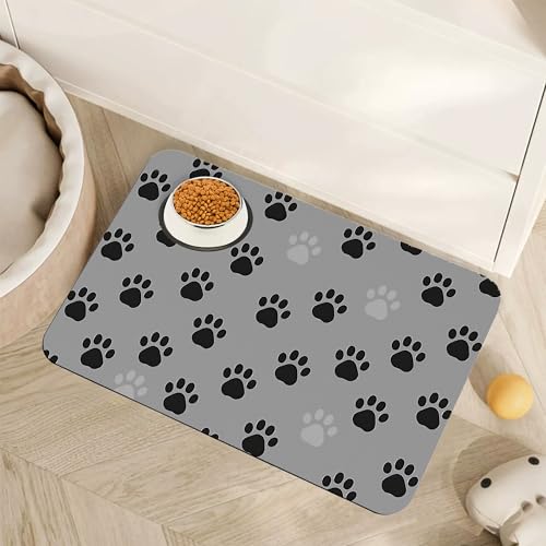 Cat Paw Prints Dog Food Mat for Floors,Gray Black Absorbent Pet Food and Water Bowl Mats,Non-Slip Pet Feeding Mat,Pet Supplies 12" x 20" - color: Cat Dog Paw Prints Gray Black, size: 20"L x 12"W