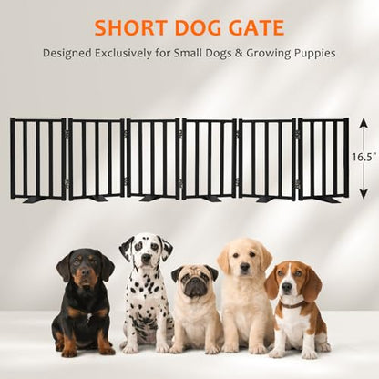 Snagle Paw Short Dog Gate,16.5" Tall Freestanding Metal Dog Gate Only for Small Dogs with Support Feet Easily Step Over,Up to 72" Wide Puppy Gate Indoor for Stairs,Doorways(Black,6 Panel) - size: Black-6 Panels 16.5"H*72"W