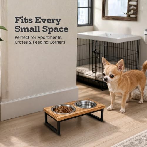 Elevated Dog Bowls, 4” Small Dogs & Cats Raised Bowl Mango Wood Stand, Food & Water 2 Stainless Steel Dishes Each 16oz/2Cup Capacity, Non-Slip Pet Feeder Station in Brown for Toy Breeds - size: 4 Inches / 16oz 2 Bowl
