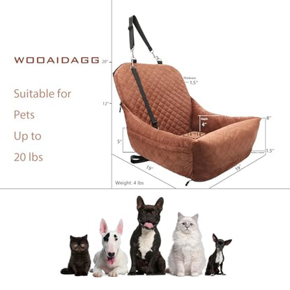 Wooaidagg Dog Car Seat for Small Dogs,Covered Soft Fabric and Fill in Memory Foam,Easy to Assemble and Fully Detachable,2 Clip-On Safety Leashes and Storage Pockets(Brown) - color: Brown
