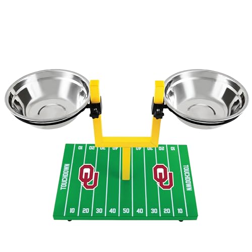 NCAA Oklahoma Sooners Goalpost Football Field Dog Feeder – Adjustable Elevated Dog Bowls with Stand, 2 Stainless Steel Bowls, Non-Slip Rubber Feet, Raised Pet Feeder for Large & Small Dogs