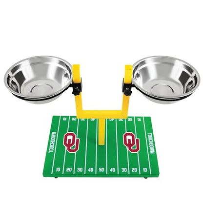 NCAA Oklahoma Sooners Goalpost Football Field Dog Feeder – Adjustable Elevated Dog Bowls with Stand, 2 Stainless Steel Bowls, Non-Slip Rubber Feet, Raised Pet Feeder for Large & Small Dogs