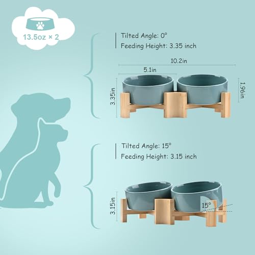 SPUNKYJUNKY 15° Slanted Ceramic Dog and Cat Bowl with Wooden Stand, Tilted Bulldog Food and Water Bowl No Slip Non-Spill for Cats Medium Dogs Big Face Pets 13.5 OZ (1.7 Cups, Light Green × 2) - color: Light Green, size: 1.7 CUPS × 2