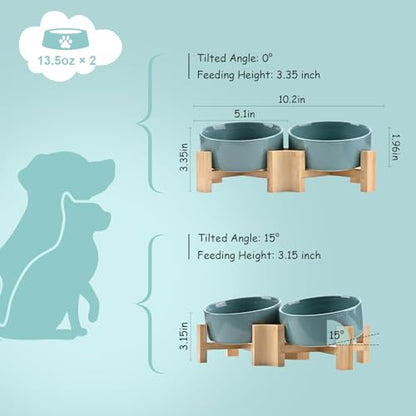 SPUNKYJUNKY 15° Slanted Ceramic Dog and Cat Bowl with Wooden Stand, Tilted Bulldog Food and Water Bowl No Slip Non-Spill for Cats Medium Dogs Big Face Pets 13.5 OZ (1.7 Cups, Light Green × 2) - color: Light Green, size: 1.7 CUPS × 2