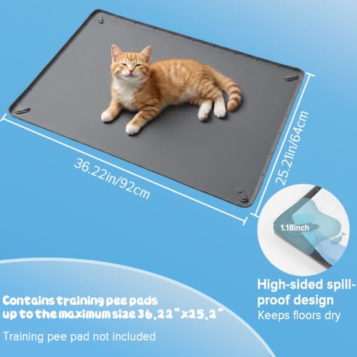 Pee Pad Holder for Dogs, 36" x 25" Non-Slip Silicone Dog Puppy Pad Holder, No Spill Raised Lip High Edge,Portable, Magnetic fixation，Leak-Proof Mat Holder, Square Potty Trays for Home Floor Protection - size: 36" x 25"