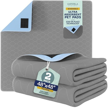 Katziela Quick-Drying Washable Pee Pads for Dogs Waterproof Reusable Puppy Pads with Hook & Loop Corners for Pet Potty Training, Daycare -Machine Washable Dog Pee Pad (48x48, 2, 2 Pack) - size: 48x48