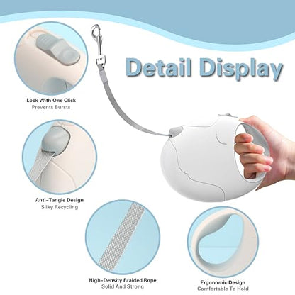 Retractable Dog Leash, 16ft Strong Nylon, 360° Tangle-Free, Dog Pattern for Small, Medium, and Large Dogs Up to 110 lbs (White) - color: white