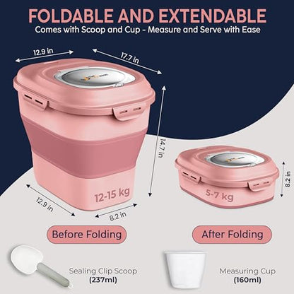 Dog Food Storage Container 30-35 lb, Airtight Collapsible Cute Dog Food Container with Wheels & Scoop, Stackable Pet Food Storage Container for Dog & Cat Food - color: Pink