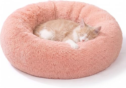 SAVFOX 20 inches Calming Donut Dog Bed - 3X Durable Plush Faux Fur, Machine Washable & Non-Slip, Fits up to 15 lbs, Pink - color: Pink, size: X-Small | 20"x20"