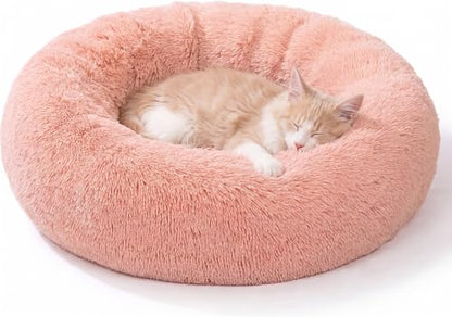 SAVFOX 20 inches Calming Donut Dog Bed - 3X Durable Plush Faux Fur, Machine Washable & Non-Slip, Fits up to 15 lbs, Pink - color: Pink, size: X-Small | 20"x20"