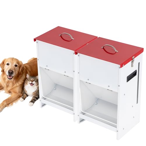 Metal Automatic Dog Feeder 2-Pack- 25LBS Food Capacity Automatic Gravity Dispenser, Powder Coated & Waterproof for Indoor & Outdoor Use, 12.3" L x 10.5" W x 21.3" H, Red and White - size: 25 Pounds - 2 PCS