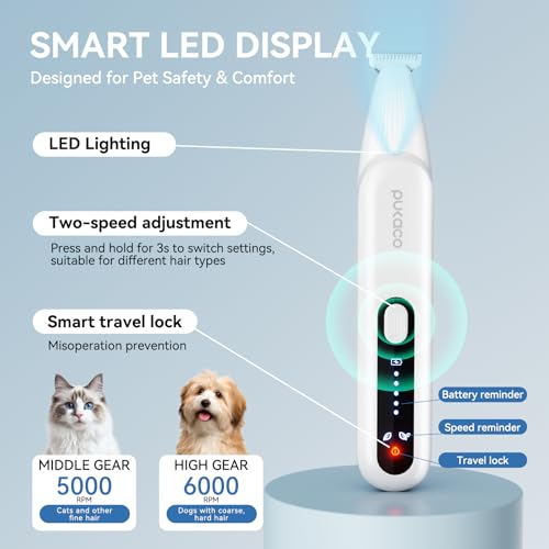 Dog Paw Trimmer, Pet Hair Trimmer with LED Light, 18mm Wide Head, 35dB Low Noise, Dual-Speed Waterproof USB Rechargeable Pet Hair Shaver for Dogs Cats Trimming Paws, Ears, Face, Rump, Eyes and Butt