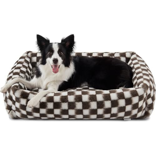 JOEJOY Dog Bed Medium Size Dog, Removable Washable Cover Orthopedic Soft Pet Bed, Anti-Slip Fluffy Plush Faux Rabbit Fur Puppy Bed, 30"x24"x8", Checkered, Brown - color: Brown, size: M (30"x24"x8")