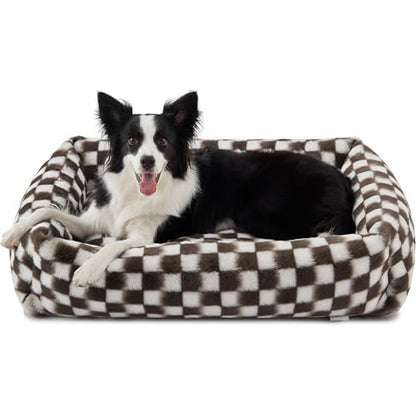 JOEJOY Dog Bed Medium Size Dog, Removable Washable Cover Orthopedic Soft Pet Bed, Anti-Slip Fluffy Plush Faux Rabbit Fur Puppy Bed, 30"x24"x8", Checkered, Brown - color: Brown, size: M (30"x24"x8")