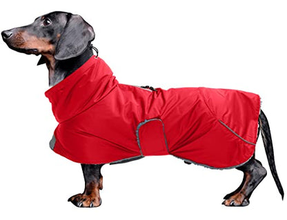 Dachshund Coats Waterproof, Perfect for Dachshunds, Sausage, Weiner Dog Winter Coat with Padded Fleece, Puppy Snowsuit with Adjustable Bands and High Vis Reflective Trim - Red - M - color: Red, size: Medium