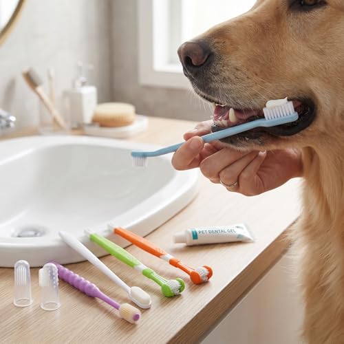 Sorandy 8 Pack Dog Toothbrush Kit, Triple Head and Double Head Dog Toothbrush Set, 360 Finger Brush, Multi Angle Cleaning Brushes for Cat Oral Health (Style 1)