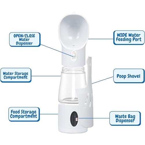 All-in-One Portable Dog Water Bottle, Food Dispenser, Poop Bag Dispenser, Dry/Wet Food Container 7 oz., Travel Water Bottle 9oz., 2 Poop Bags Included, Food Grade Plastic, Leak Proof-Grey Color