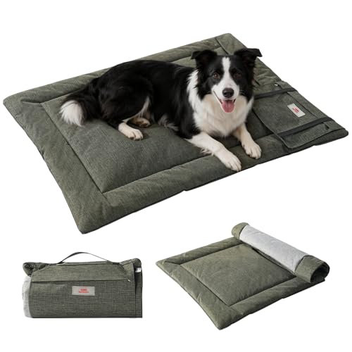 SOMAHE Outdoor Dog Bed Waterproof for Medium Large Dogs, Foldable Portable Dog Bed, Reversible Oxford Mat, Built-in Storage Pocket, Machine Washable, 35.4"×27.5" Inch Army Green/Light Gray - color: Front: Green / Back: Silver Gray