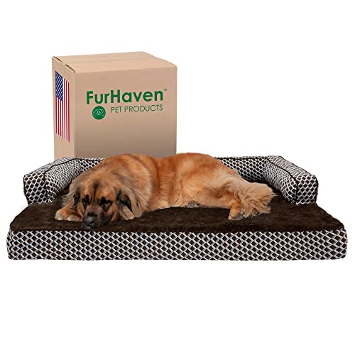 Furhaven Cooling Gel Dog Bed for Large Dogs w/ Removable Bolsters & Washable Cover, For Dogs Up to 125 lbs - Plush & Woven Decor Comfy Couch Sofa - Diamond Brown, Jumbo Plus/XXL - color: Diamond Brown (Plush & Woven Décor), size: Jumbo Plus
