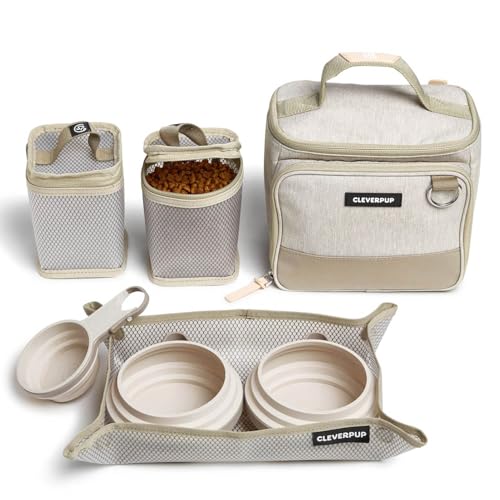 Cleverpup Small 7-Piece Bistro Box Dog Food Travel Kit, 6-Cup BPA-Free Kibble Storage, 2 Silicone Bowls, Mat & Scoop - Portable Pet Food Kit for Weekends, Overnights, Daycare & Camping, Sand - color: Sand, size: Small