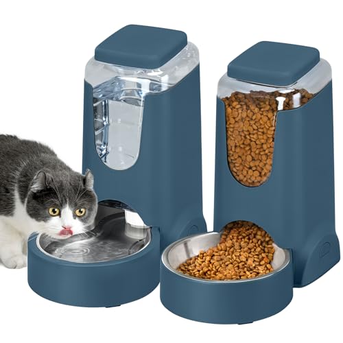 2 Pack Automatic Cat Feeder and Dog Food Feeder, Gravity Stainless Steel Water Dispenser and Waterer Set for Small Medium Puppy Kitten Pets (1 Gallon x 2, Navy Blue) - color: 1 Gallon x 2 - Navy