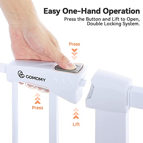 COMOMY Auto Close Baby Gate with Cat Door, 29.5"-40.5" Extra Wide Dog Gate for House Doorways Stairs, Pressure Mounted Easy Walk Thru Pet Gate, Includes 4 Wall Cups and 2 Extension Pieces, White - color: White