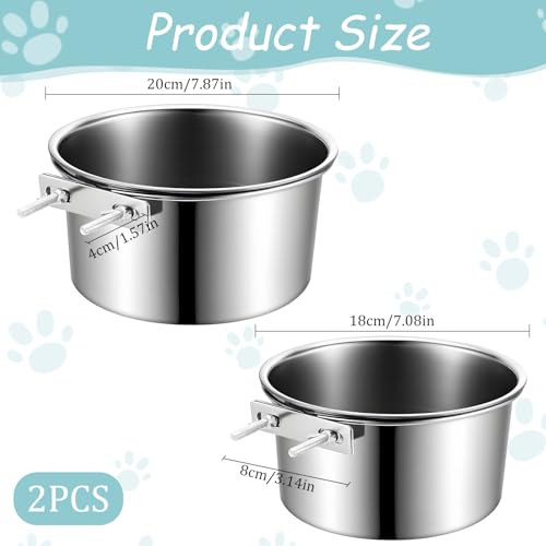 2 Pack Dog Crate Water Bowl Hanging Kennel Water Bowls No Spill Stainless Steel Dog Food Bowls Kennel Bowl Mountable Coop Cup for Large Medium Dogs (7.1” & 7.9”)