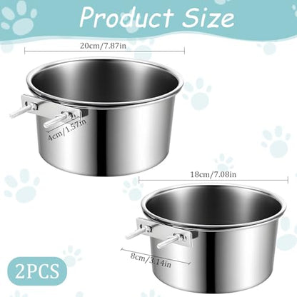 2 Pack Dog Crate Water Bowl Hanging Kennel Water Bowls No Spill Stainless Steel Dog Food Bowls Kennel Bowl Mountable Coop Cup for Large Medium Dogs (7.1” & 7.9”)