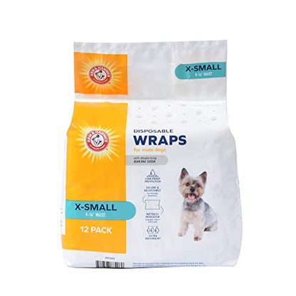 Arm & Hammer X-Small Male Dog Wraps, Disposable Belly Band Diapers with Baking Soda Odor Control, Super Absorbent Leak Resistant Design for Marking and Incontinence, 9-14 Inch Waist, 12 Count - size: X-Small