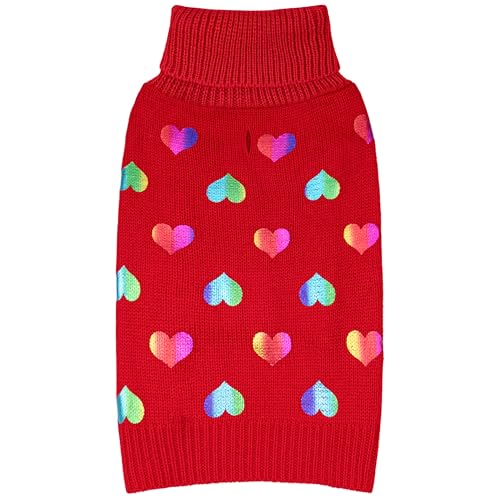 KYEESE Valentines Dog Sweater, Warm Pet Clothes with Heart Sequined Printing, Stretchy Pullover Dog Sweaters for Small Dogs, Soft Turtleneck Small Pet Sweater, Comfy Dogs Coat with Leash Hole, S - color: 2# Heart (Red), size: Small (4-7lbs)