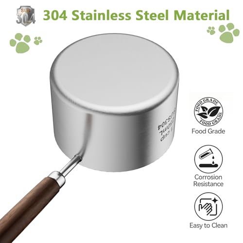 Dog-Cat Food Scoop 1 Cup, 304 Stainless Steel Measuring Cup with Long Wooden Handle, Pet Food Scoop for Rabbit, Easy to Clean Precise Scale