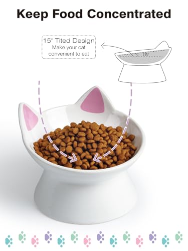 ABRUTY Cat Food Bowl, 5 OZ Ceramic Elevated Kitten Water Bowl, 15° Tilted Raised Pet Feeder, Anti Vomiting and Whisker Friendly Dishes for Fat Faced, Cat, Kitten, Small Dog - color: Pink Cat, size: 1 Pack