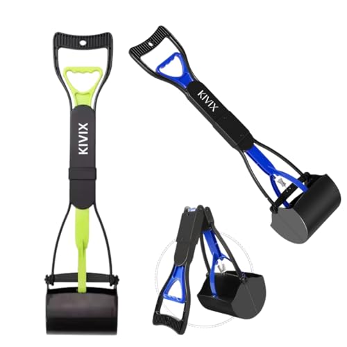 KIVIX 28" Pooper Scooper Pack of 2 Foldable Dog Poop Scoop with Unbreakable Material and Durable Spring - Easy to Use for Grass, Dirt, Gravel - color: BLUE & GREEN 2 pack