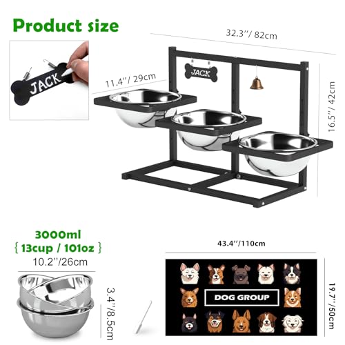 SHAINFUN Elevated Dog Bowls Stand for Large/Extra Large Dogs with Mat, 6 Height Adjustable Raised Dog Bowl, Three 101oz Food Water Bowls - color: Triple Dog Bowl & Mat, size: X-Large Dogs