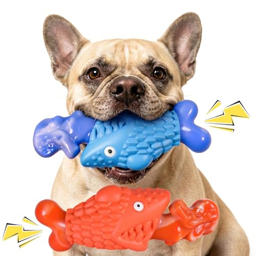 Kseroo Tough Dog Toys for Aggressive Chewers: 2 Pack Indestructible Dog Toys to Keep Them Busy, Tough Chew Toys for Large Dogs, Nylon & Rubber Dog Chew Bones, Squeaky Dog Toy for Large Breed - color: Blue&Red Fish