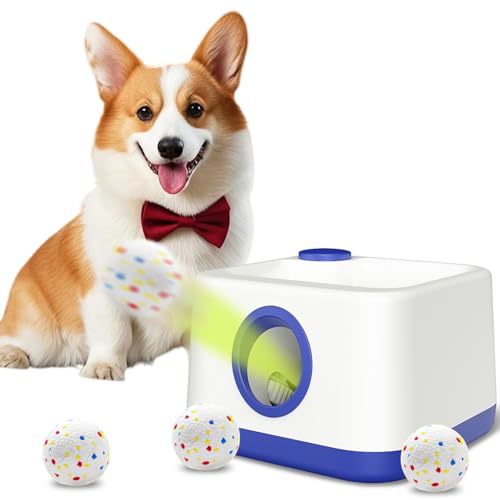 MEKAPLE Automatic Dog Ball Launcher with Barking Function, Auto+Manual Mode Interactive Dog Fetch Toy with 4 Adjustable Distances, Dog Balls Thrower for Small & Medium Dogs, with 4 Durable ETPU Balls - color: White and Blue