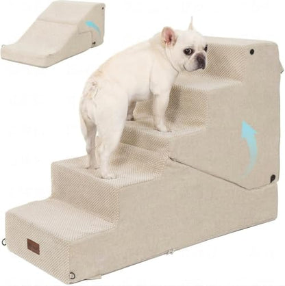 5-Step Dog Stairs and Ramp for Small Dogs and Cats, Pet Steps for High Bed with Non-Slip Bottom, Beige