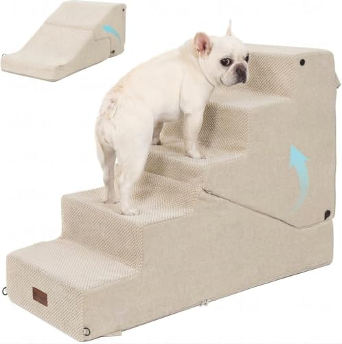 5-Step Dog Stairs and Ramp for Small Dogs and Cats, Pet Steps for High Bed with Non-Slip Bottom, Beige