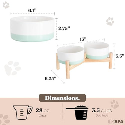 Ilyapa Ceramic Dog Bowls - Elevated for Medium Sized Pet with Raised Food and Water Set - Green Double 6 inch, 28 Oz Bowls & 13x6.3x5.5 Wooden Stand - color: Green