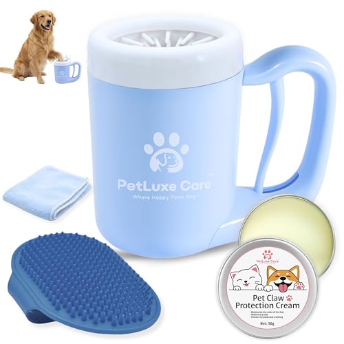Dog Paw Cleaner, Paw Washer Cup with Soft Silicone Bristles, Portable Dog Foot Washer, 4-in-1 Paw Cleaner Kit with Paw Balm, Microfiber Towel & Grooming Brush (Blue, Medium) - color: Blue, size: Medium