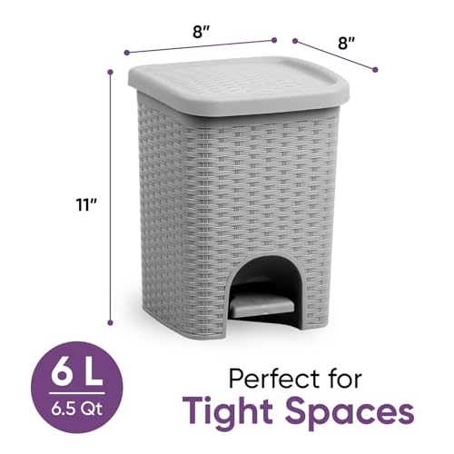 Superio Mini 6L Step Pedal Trash Can - Wicker Design, Hidden Mechanism, Durable Plastic, Ideal for Desktop, Countertop, Pet Waste/Dog Poop - Grey - color: Grey