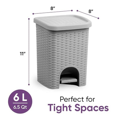 Superio Mini 6L Step Pedal Trash Can - Wicker Design, Hidden Mechanism, Durable Plastic, Ideal for Desktop, Countertop, Pet Waste/Dog Poop - Grey - color: Grey