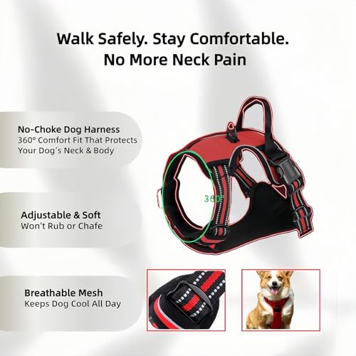 Reflective No Pull Dog Harness with 5ft Leash – Adjustable Padded Vest for Small Medium Large Dogs, Front & Back Clip, Easy Control Handle, Night Safety Walking Set (Red, M) - color: Red, size: M