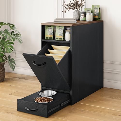 DWVO Dog Feeding Station with Storage, Dog Food Cabinet with 2 Feeder Bowls, Pull Out Elevated Dogs Bowl, Black - color: Black, size: 1 PCS