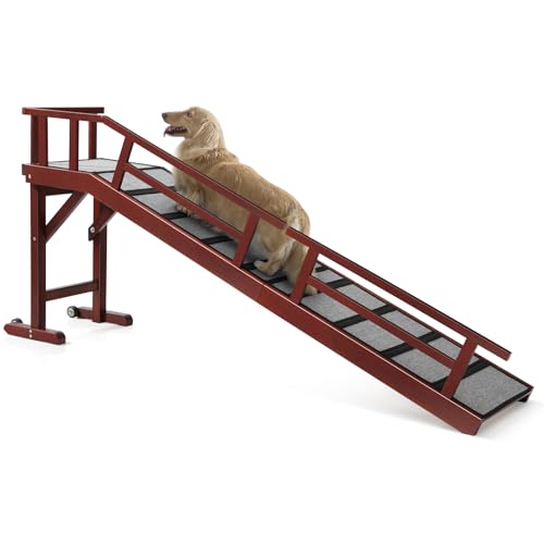 Dog Ramp for Bed or Couch, Wooden Pet Ramp with 20° Gentle Slope, Removable Side Rails, Non-Slip Surface, Top Platform & Wheels, Safe Bed Ramp for Small, Large & Senior Dogs, 74" Long, Mahogany - color: Mahogany, size: L-73.2"L x 16"W x 25"H