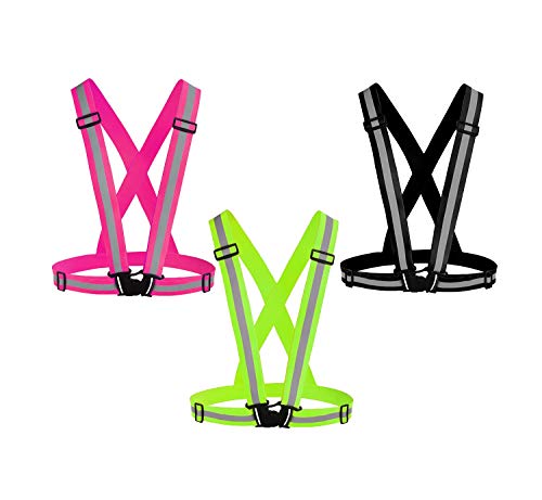 Reflective Vest Running Gear 3Pack, Adjustable Safety Vests High Visible Reflective Belt Straps - color: Pink,green,black