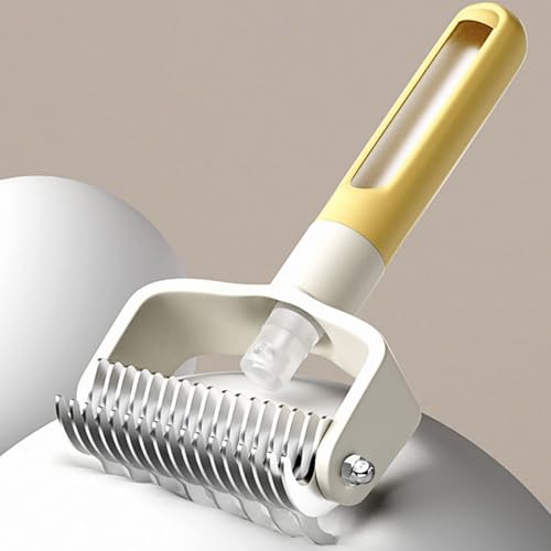 Dual-Sided Pet Grooming Comb for Dogs and Cats, Stainless Steel Dematting Undercoat Rake, 2-in-1 Deshedding Brush with Spray for Long Hair (Yellow) - color: Yellow