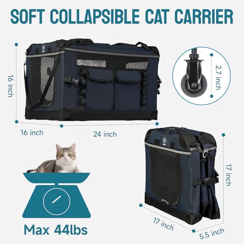 PEGIC 24-inch Rolling Extra Large Cat Carrier with Wheels | Spacious Travel Solution for Large Cats & Two Kittens, Reinforced Non-Sagging Base, For Car Rides & Vet Visits