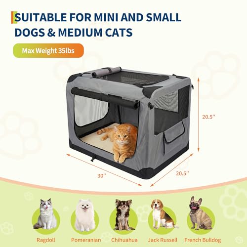 30 Inch Soft Dog Crate Collapsible 3-Door Travel Kennel for Large Dogs Indoor Outdoor Car Use, with Portable Fleece Bed, Side Pocket & Safety Zippers - size: L 30x20.5x20.5''